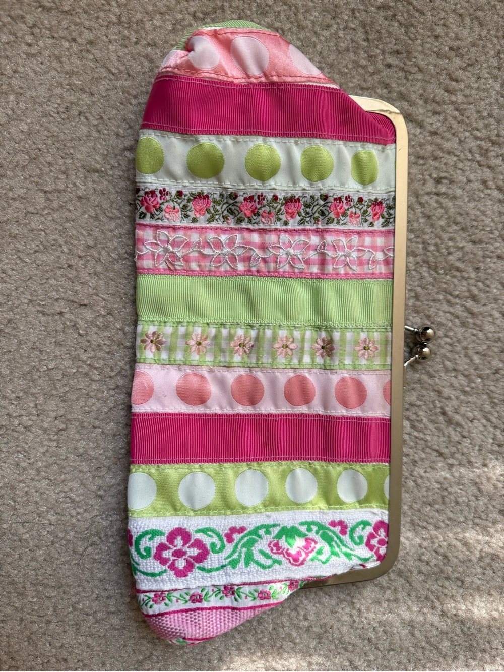 Lilly Pulitzer Pink and Lime Ribbon-Strip clutch snap closure
